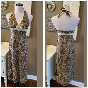 ROXY Brown Floral Halter Dress Sleeveless Crochet